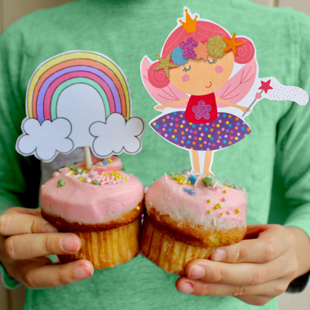 DIY flower fairy cupcake kit. Fairy and rainbow cupcake toppers ontop of all natural vanilla cupcakes
