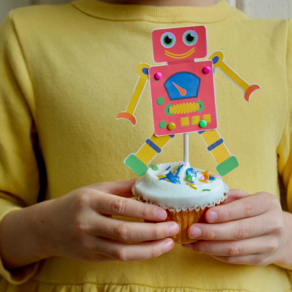 robot cupcake kit for kids. create mix and match moveable robot toppers. all natural ingredients and sprinkles