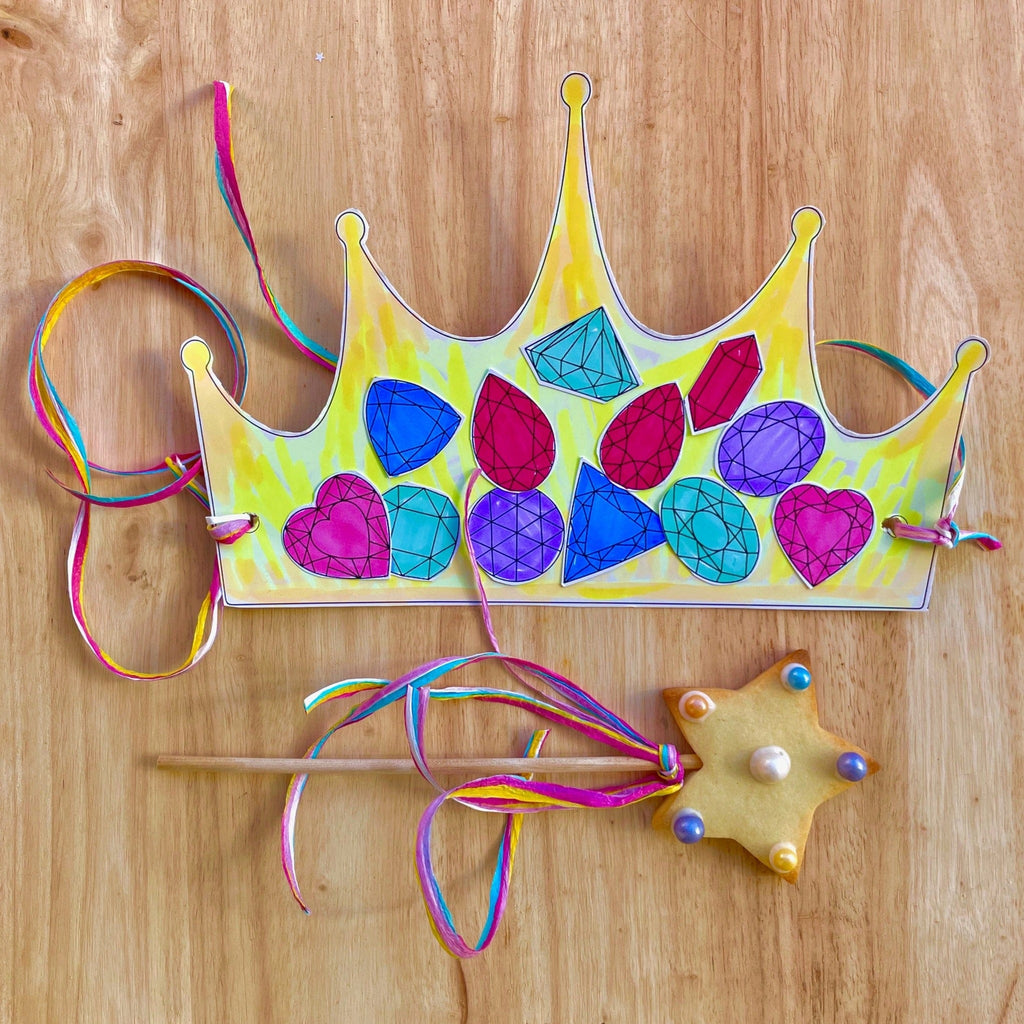 paper crown craft kit and cookie wand baking kit. Star shaped cookie wand and royal jewelled paper crown. 