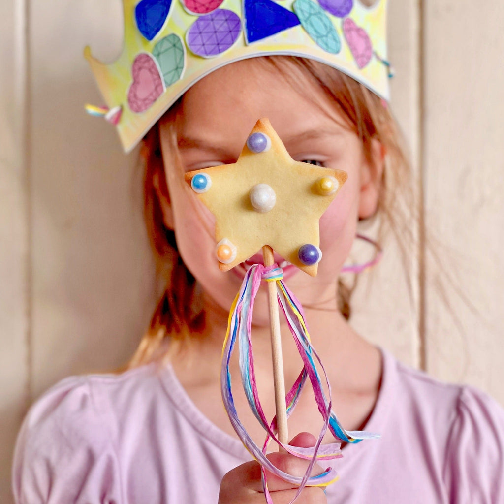 star cookie wand kit. DIY kit for kids. Paper crown craft activity and baking ingredients .