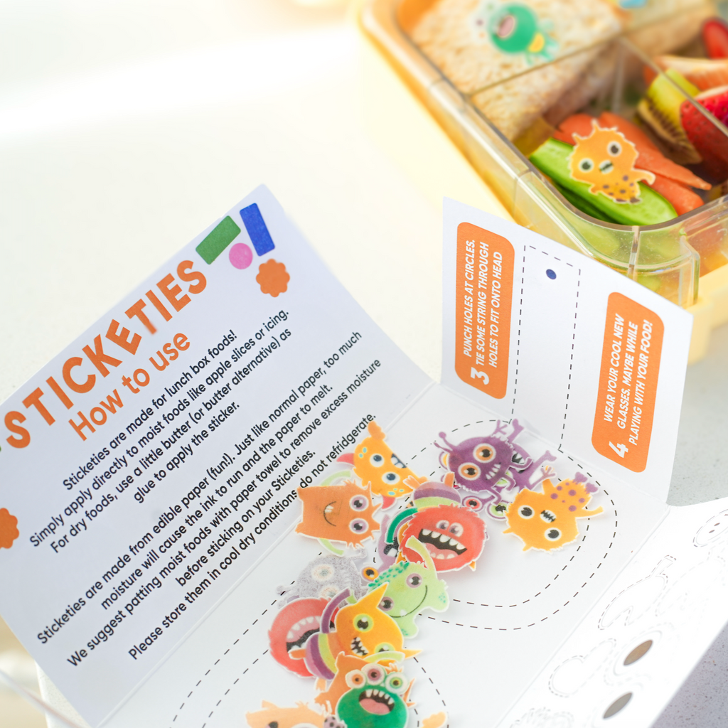 Sticketies packaging and instruction guide. Simply stick onto your favourite lunch foods and eat