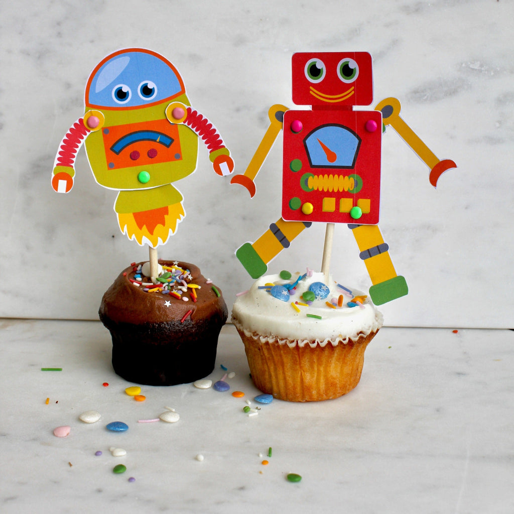 robot cupcake kit for kids. DIY robot topper craft activity. Natural ingredients and sprinkles. Robot cupcake toppers