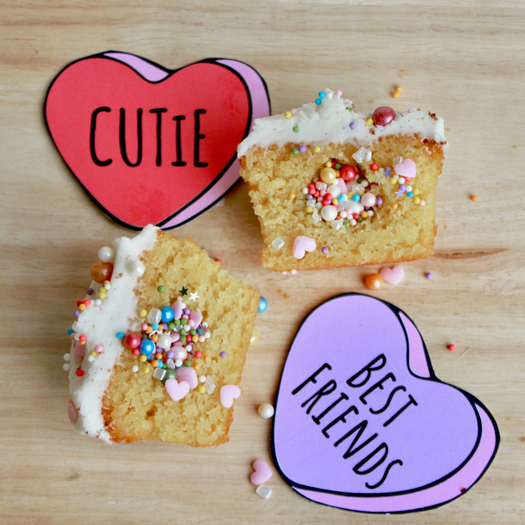 DIY hidden love cupcake kit for kids. Conversation heart cupcake toppers. Natural ingredients and a fun DIY craft activity to make your own toppers