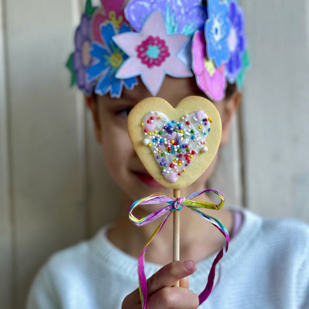 love heart cookie wand baking kit for kids. Paper flower crown craft kit. eco friendly, educational kits. 